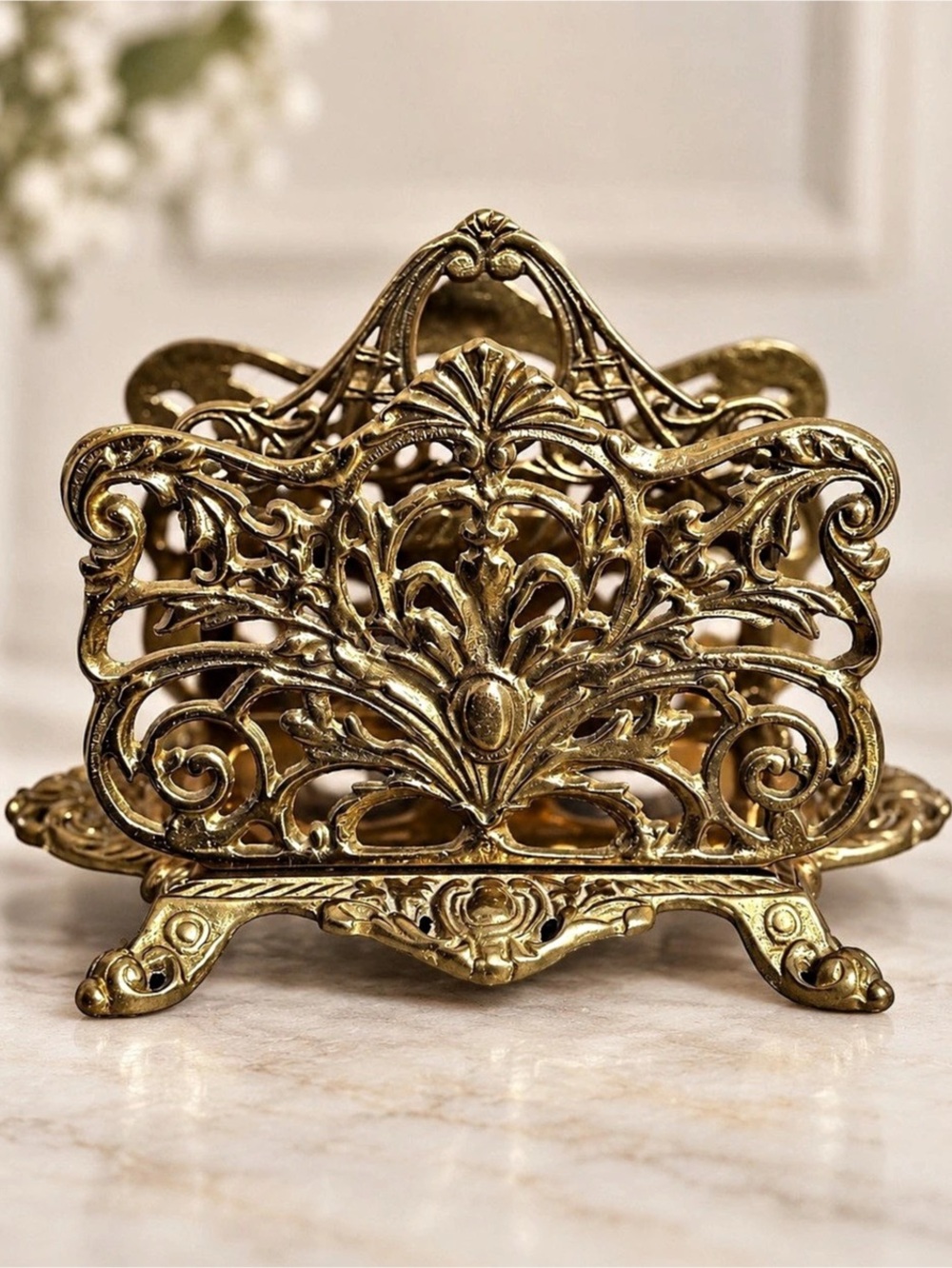 Vintage Heavy Solid Brass Ornate Letter Holder Filigree Desk Organize